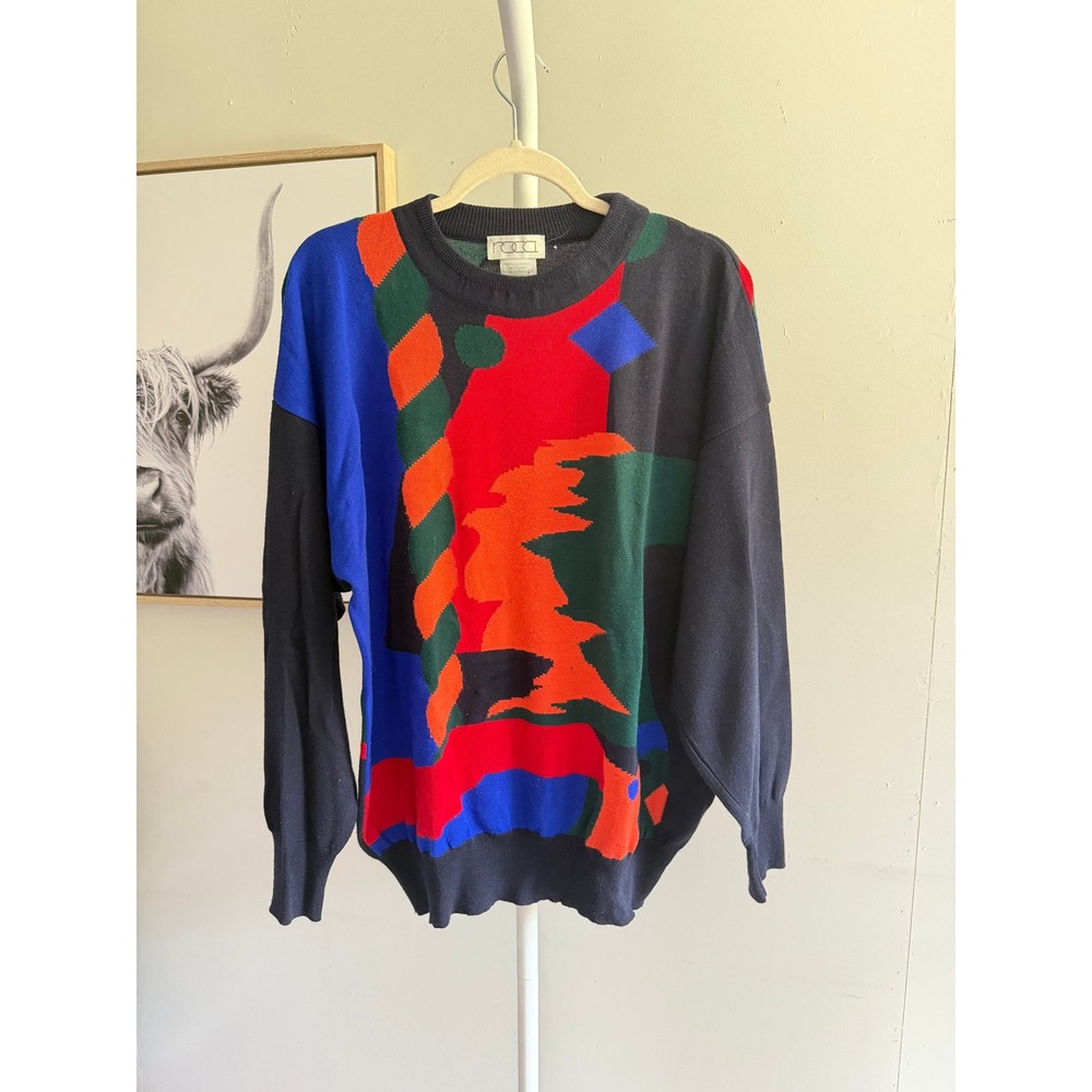 Rocca Sweater Mens L Multicolor Good Vintage Merino Wool Geometric Made in Italy